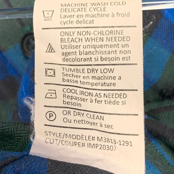 VINCE Size S Green Blue Plaid Cotton Blend Raw Edge Long Sleeve Shirt - Picture 6 of 7